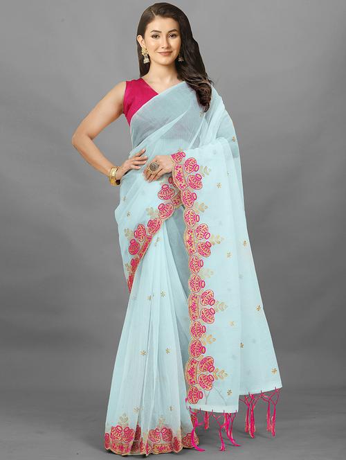 light blue solid with work saree with blouse - 20426770 - Very Small Image - 1