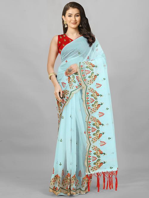 light blue solid with work saree with blouse - 20426775 - Very Small Image - 1