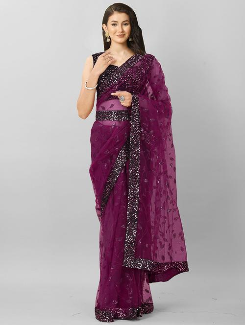 purple solid with work saree with blouse - 20426777 - Very Small Image - 1