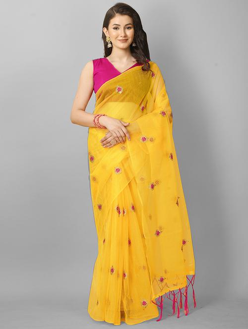 yellow solid with work saree with blouse - 20426800 - Very Small Image - 1