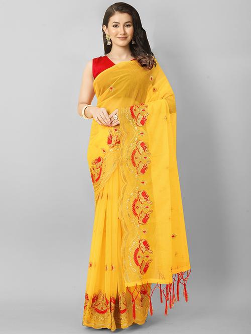 yellow solid with work saree with blouse - 20426815 - Very Small Image - 1