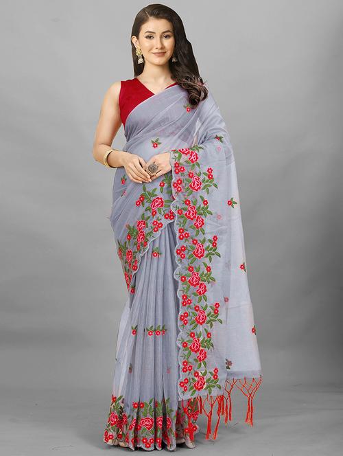 grey solid with work saree with blouse - 20426826 - Very Small Image - 1