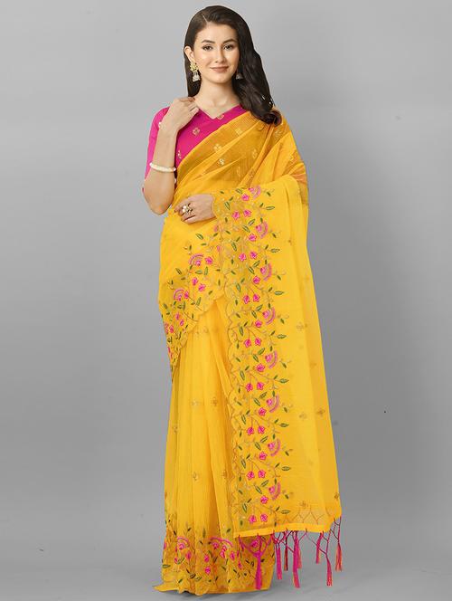 yellow solid with work saree with blouse - 20426841 - Very Small Image - 1