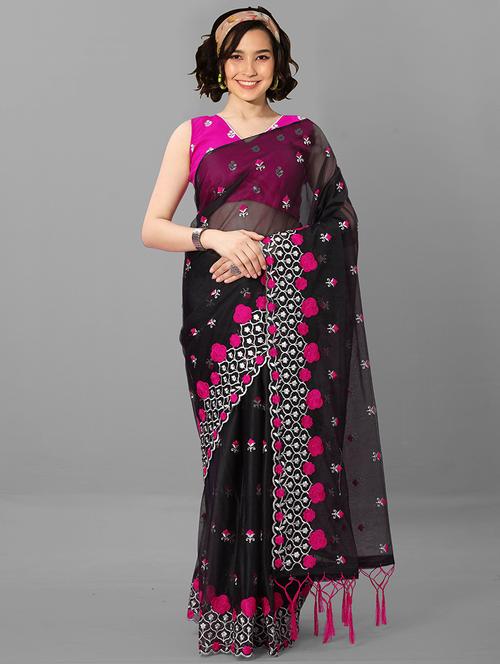 black solid with work saree with blouse - 20426850 - Very Small Image - 1