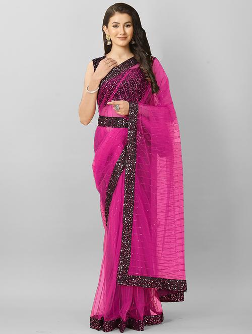 lace detailed sequins work saree with blouse - 20426852 - Very Small Image - 1