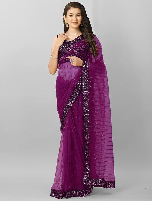 lace detailed sequins work saree with blouse - 20426863 - Very Small Image - 1