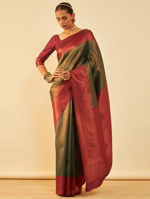 contrast border zari work saree with blouse - 20429126 - Very Small Image - 1