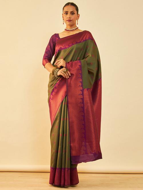 olive self design kanjivaram saree with blouse - 20429129 - Very Small Image - 1