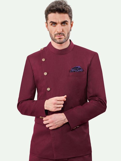 men solid burgundy wool blend bandhgalas casual blazer - 20429440 - Very Small Image - 1