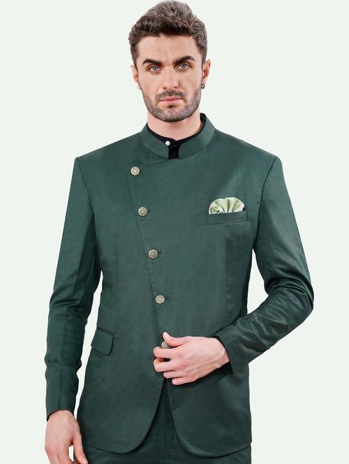 men solid bottle green wool blend bandhgalas casual blazer - 20429441 - Very Small Image - 1