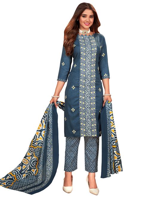 navy blue printed unstitched suit set - 20429552 - Very Small Image - 1