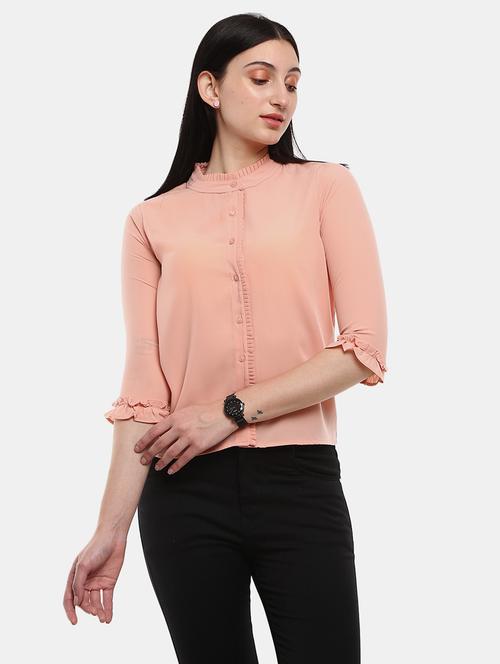 pink solid mandarin neck regular shirt - 20431184 - Very Small Image - 1