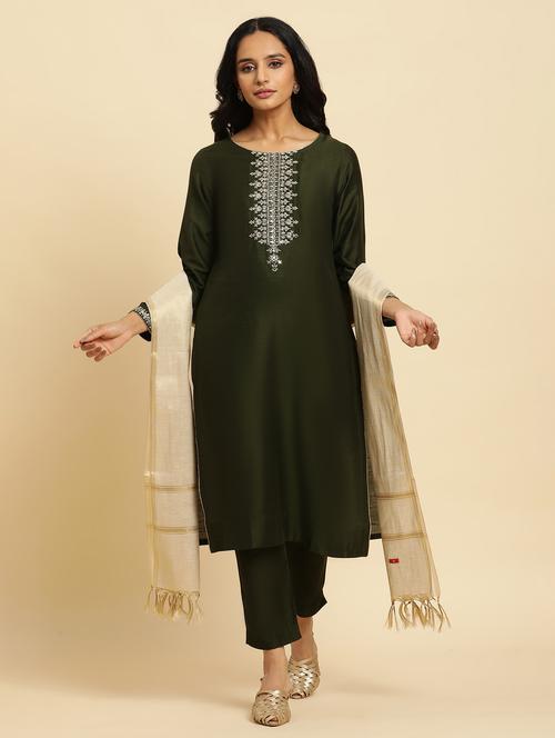 olive three quarter sleeve suit set - 20431342 - Very Small Image - 1