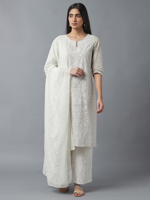 women grey key hole neck kurta palazzo set with dupatta - 20431352 - Very Small Image - 1