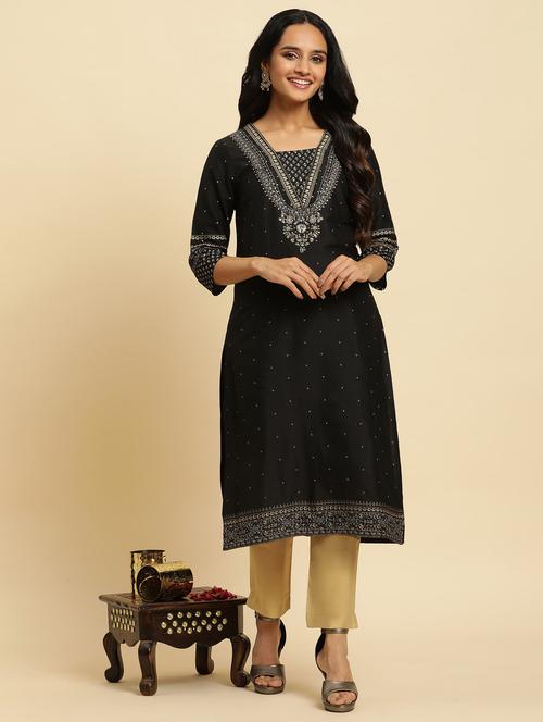 women black square neck straight kurta - 20431463 - Very Small Image - 1