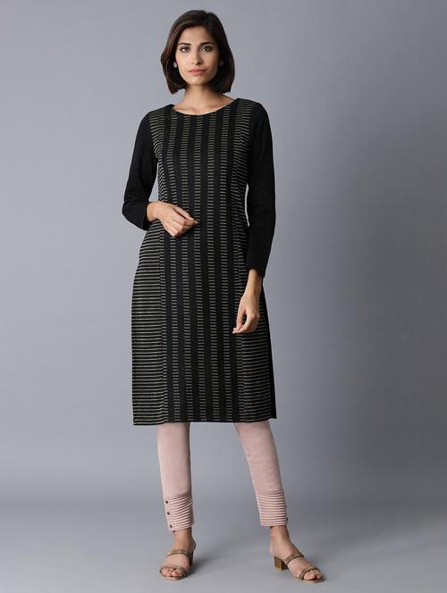 women black stripes round neck straight kurta - 20431471 - Very Small Image - 1