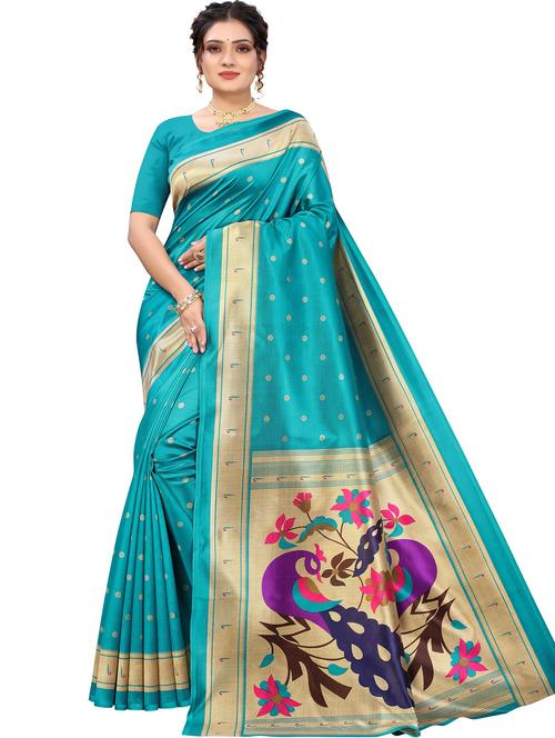 turquoise printed saree with blouse - 20431746 - Very Small Image - 1