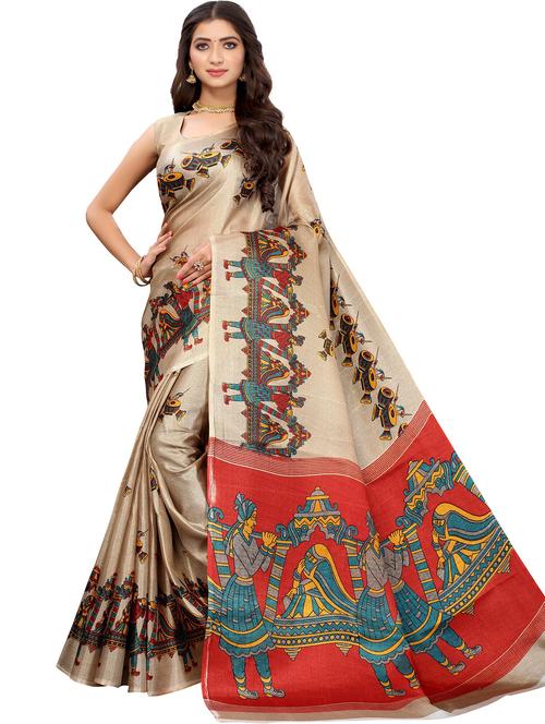 beige art silk printed saree with blouse - 20431920 - Very Small Image - 1
