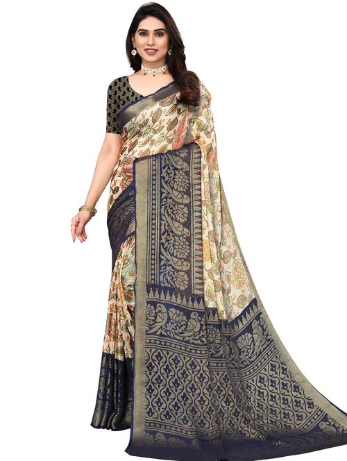 cream brasso printed saree with blouse - 20432029 - Very Small Image - 1