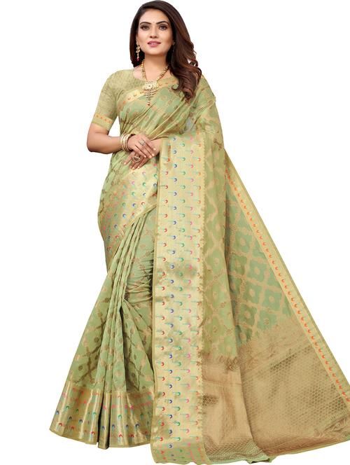 neo mint self design banarasi saree with blouse - 20432342 - Very Small Image - 1