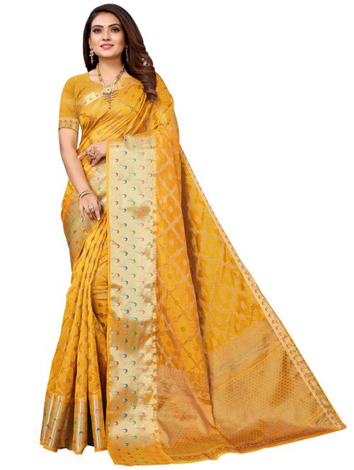 mustard self design banarasi saree with blouse - 20432486 - Very Small Image - 1