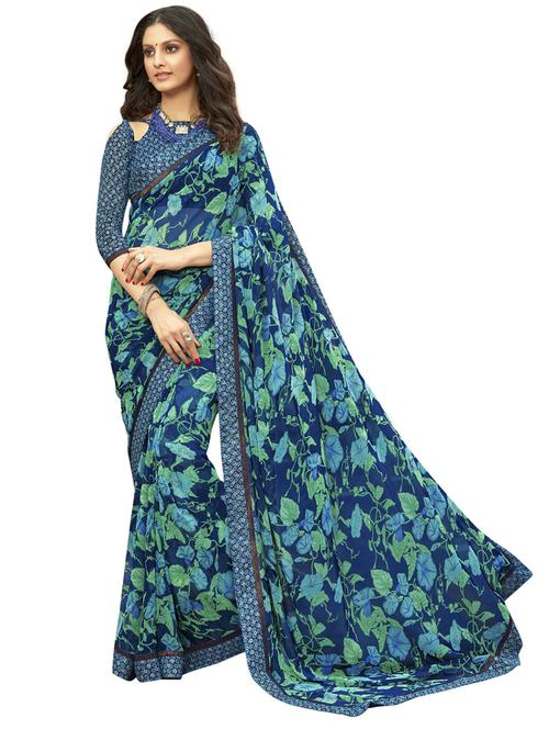 blue floral printed saree with blouse - 20432547 - Very Small Image - 1