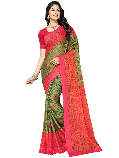 green chiffon printed saree with blouse - 20432549 - Very Small Image - 1