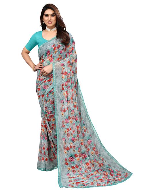 light blue floral printed saree with blouse - 20432719 - Very Small Image - 1