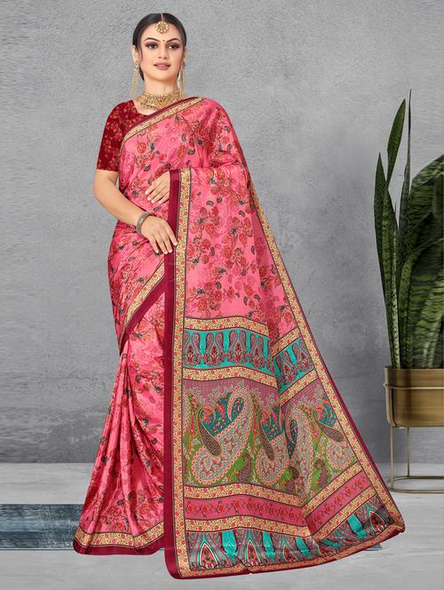 pink crepe printed saree with blouse - 20432936 - Very Small Image - 1