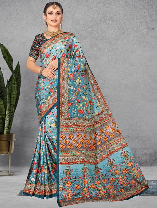 light blue floral printed saree with blouse - 20432944 - Very Small Image - 1