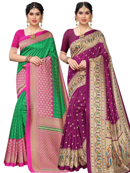 pack of 2 self design combo saree with blouse - 20433638 - Very Small Image - 1