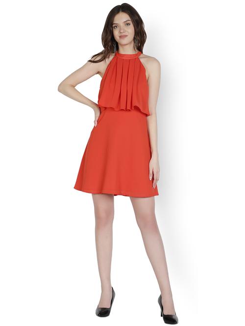 orange solid halter neck a-line dress - 20434290 - Very Small Image - 1