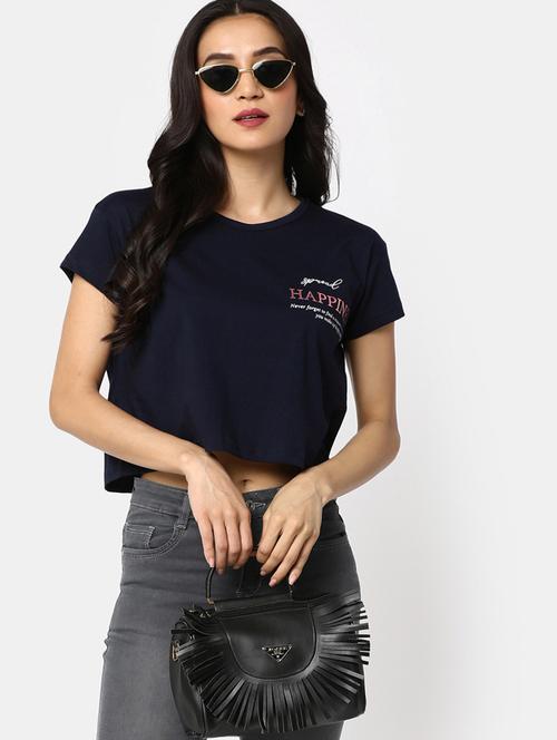 navy blue typography crop t-shirt - 20434354 - Very Small Image - 1