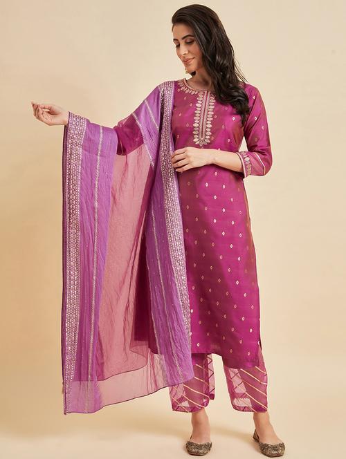 magenta self design kurta dupatta set - 20436636 - Very Small Image - 1