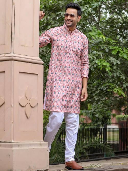 men's pink printed long kurta - 20436666 - Very Small Image - 1