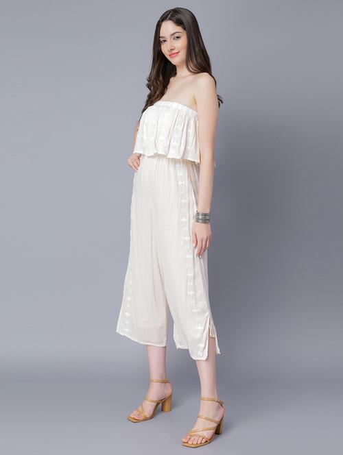 optic white self design 3/4th jumpsuit - 20444421 - Very Small Image - 1