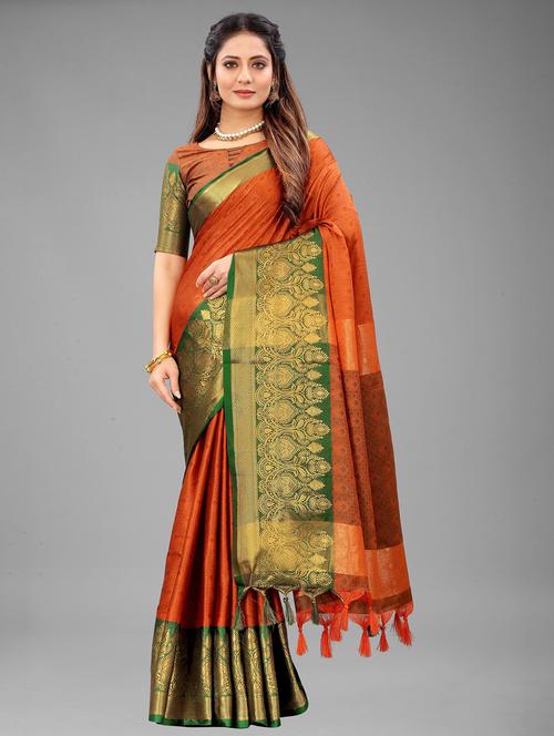 orange self design kanjivaram saree - 20445714 - Very Small Image - 1