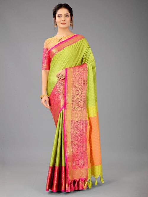 lime self design kanjivaram saree with blouse - 20445746 - Very Small Image - 1