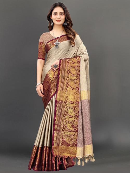 beige self design kanjivaram saree with blouse - 20445761 - Very Small Image - 1