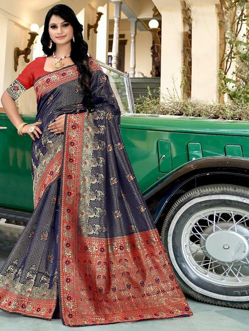 navy blue self design kanjivaram saree with blouse - 20445799 - Very Small Image - 1