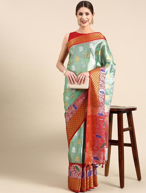 women's self design neo mint colored saree with blouse - 20445804 - Very Small Image - 1