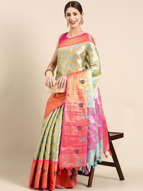 gold self design kanjivaram saree with blouse - 20445827 - Very Small Image - 1