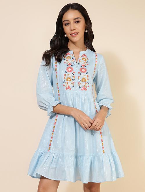 light blue embroidered flared ethnic dress - 20445980 - Very Small Image - 1