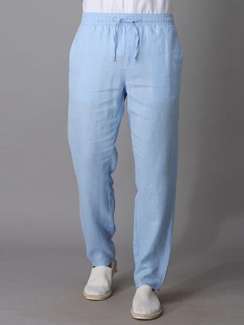 light blue solid flat front casual trouser - 20447239 - Very Small Image - 1