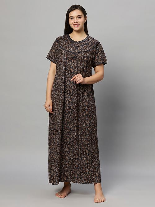 brown floral print short sleeves nighty - 20447276 - Very Small Image - 1
