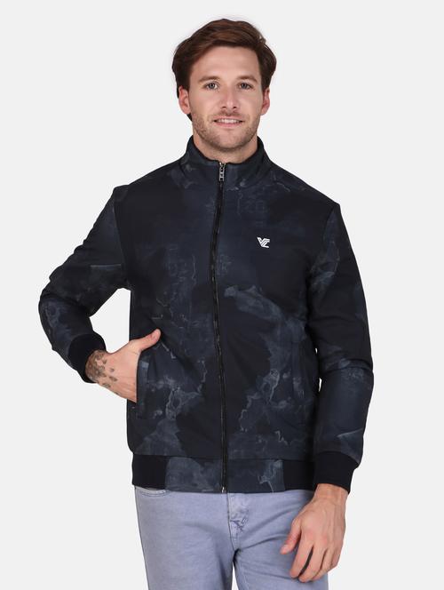 men printed black polyester casual jacket - 20449003 - Very Small Image - 1