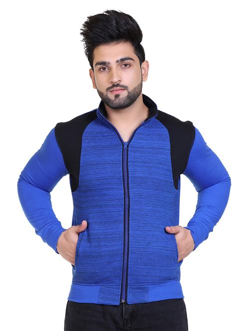 men color block blue cotton zipper slim fit sweatshirt - 20449143 - Very Small Image - 1