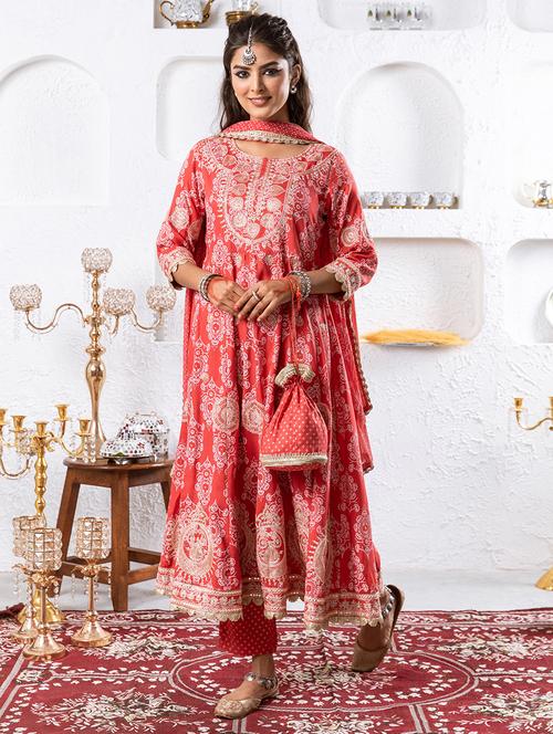 women red round neck kurta pant set with dupatta - 20449715 - Very Small Image - 1