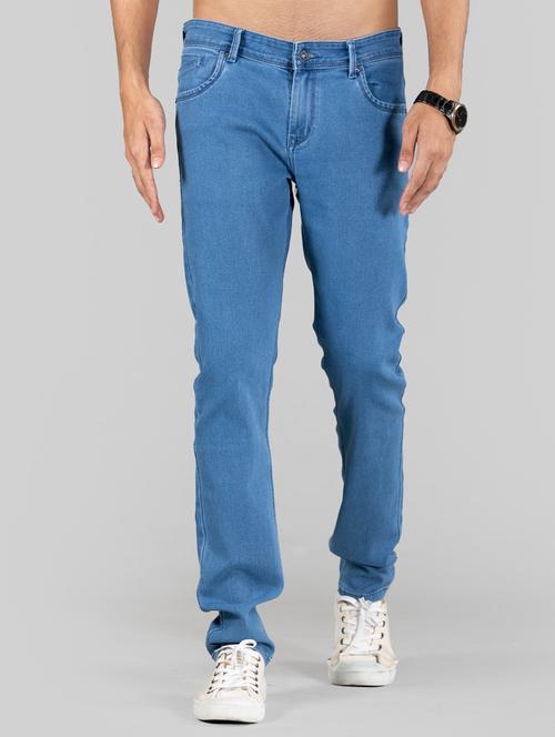 men solid blue cotton blend stone washed jeans - 20449933 - Very Small Image - 1