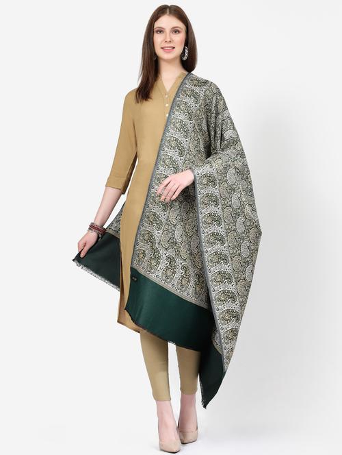 bottle green woolen self designed shawl - 20450672 - Very Small Image - 1